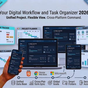 May include: A digital workflow and task organizer interface is displayed on a laptop, smartphone, and tablet. The interface includes project planning, task tracking, and team collaboration features. The text reads "Your Digital Workflow and Task Organizer 2026."