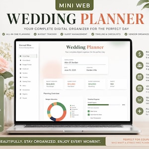 Peut inclure: Un écran d'ordinateur portable affichant une interface de planificateur de mariage numérique avec des sections pour le suivi budgétaire, la gestion des invités et les échéanciers. Le tableau de bord présente des champs pour les noms.