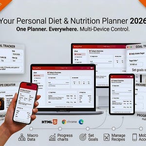 May include: A digital diet and nutrition planner, accessible on multiple devices. The image shows a laptop, smartphone, and tablet displaying the planner's interface, with features like meal tracking, recipe creation, and goal setting. The text reads "Your Personal Diet & Nutrition Planner 2026."
