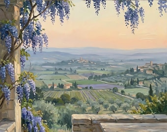 Quadro ad olio con vista sulla valle e pergola di glicine, decorazione murale in stile cottagecore per camera da letto, download digitale.