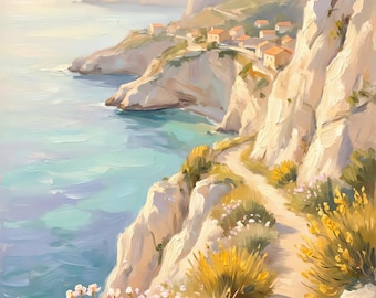 Dipinto ad olio raffigurante una scogliera costiera provenzale, ideale per decorare una camera da letto in stile mediterraneo, download digitale.