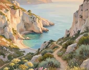 Quadro ad olio raffigurante la costa provenzale delle Calanques, decorazione murale in stile mediterraneo francese per la camera da letto, download digitale.