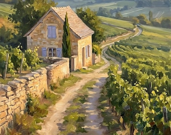 Quadro ad olio "Vigneto in Borgogna", decorazione murale per camera da letto in stile campagna francese, download digitale.