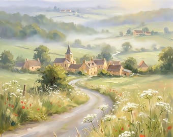 Quadro ad olio raffigurante una strada di campagna della Dordogna, decorazione per camera da letto in un villaggio francese, download digitale.