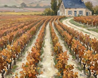Quadro ad olio "Vigneto in Borgogna", decorazione murale per camera da letto in stile campagna francese, download digitale.