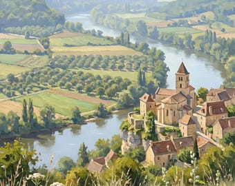 Dipinto ad olio raffigurante il fiume della Dordogna, ambientazione rurale francese per la camera da letto, download digitale.