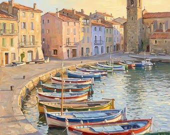 Quadro con dipinto a olio raffigurante un porto di pescatori francese, arredamento per camera da letto in stile mediterraneo e costiero, download digitale.