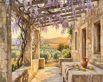 Dipinto ad olio raffigurante una terrazza con glicini in Provenza, decorazione per camera da letto in stile Luberon, download digitale.