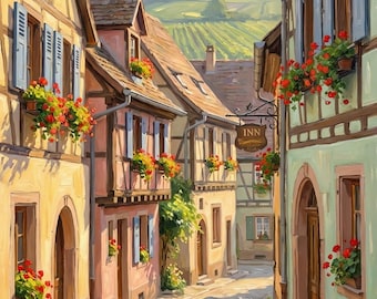 Dipinto ad olio raffigurante una stradina di un villaggio alsaziano, ideale per decorare una camera da letto in stile cottage francese, download digitale.