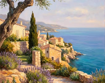 French Riviera Coastal Village Oil Painting Wall Art, Mediterranean Bedroom Decor, Digital Download
