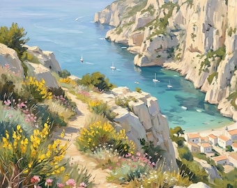 Dipinto ad olio raffigurante una scogliera costiera provenzale, ideale per decorare una camera da letto in stile mediterraneo francese, download digitale.