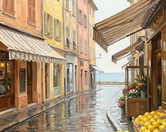Quadro ad olio raffigurante un villaggio della Costa Azzurra, con ciottoli di Mentone, ideale per decorare la camera da letto, download digitale.