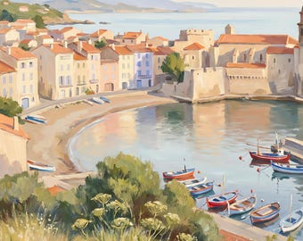 Quadro ad olio raffigurante un porto della Costa Azzurra, decorazione per camera da letto in un villaggio costiero, download digitale.