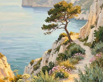 Dipinto ad olio raffigurante una scogliera costiera provenzale, decorazione murale per soggiorno in stile mediterraneo, download digitale.