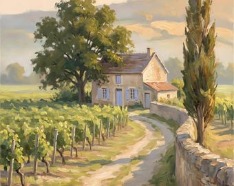 Quadro ad olio "Vigneto in Borgogna", decorazione murale per camera da letto in stile campagna francese, download digitale.