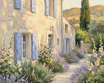 Quadro ad olio con motivo rustico provenzale in pietra, decorazione per camera da letto in stile cottage francese con lavanda, download digitale.