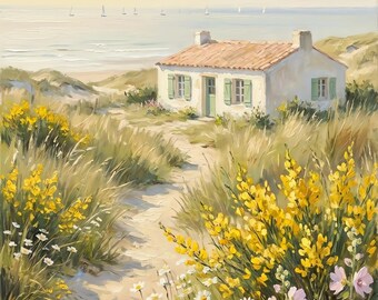 French Coastal Cottage Oil Painting Wall Art, Île de Ré Bedroom Decor, Digital Download
