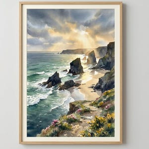Cornwall Coast Rock Stacks Watercolor Wall Art, Coastal Bedroom Decor, Framed