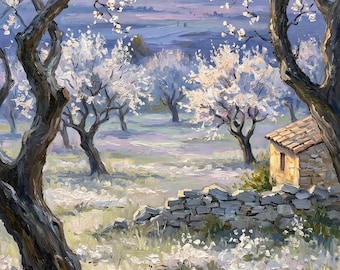 Quadro ad olio su un mandorleto di Provenza, decorazione murale per camera da letto in stile campagna francese, download digitale.