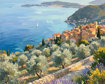 Quadro ad olio raffigurante un villaggio costiero della Costa Azzurra, arredamento mediterraneo per il soggiorno, download digitale.