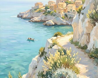 Quadro ad olio raffigurante una scogliera costiera delle Calanques provenzali, decorazione mediterranea per camera da letto, download digitale.