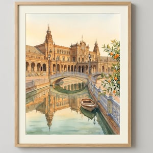 Seville Plaza Espana Watercolor Wall Art Print, Spanish Andalusia Living Room Decor, Digital Download