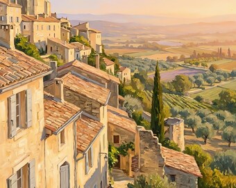 Provence Hilltop Village Oil Painting Wall Art, French Luberon Bedroom Decor, Digital Download