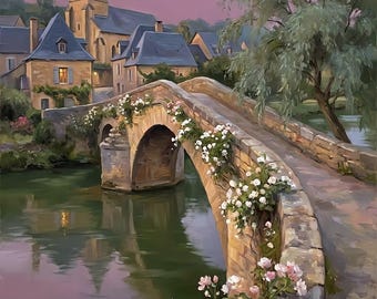 Quadro ad olio con ponte in pietra della Dordogna, decorazione murale in stile villaggio francese per camera da letto, download digitale