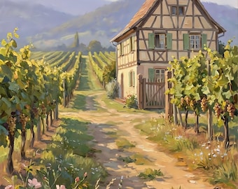 Quadro ad olio raffigurante un vigneto in Alsazia, perfetto per decorare la camera da letto in stile campagna francese, download digitale.