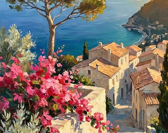 Quadro ad olio raffigurante un villaggio costiero della Costa Azzurra, arredamento mediterraneo per il soggiorno, download digitale.