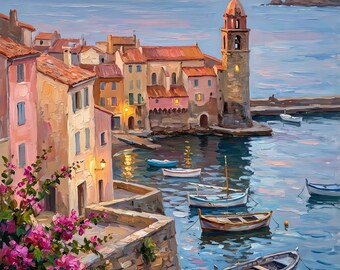 French Riviera Harbor Oil Painting Wall Art, Mediterranean Village Bedroom Decor, Digital Download