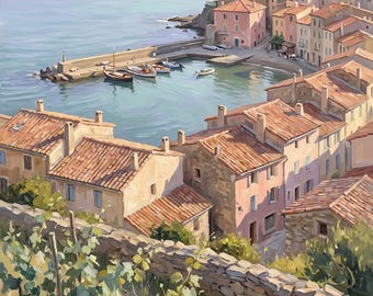 Dipinto ad olio raffigurante un porto costiero francese, ideale per decorare la camera da letto in un villaggio mediterraneo, download digitale.