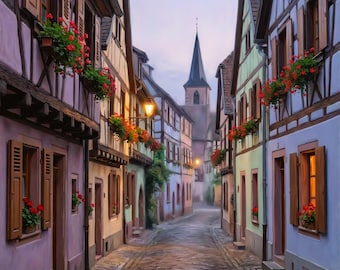 Dipinto ad olio raffigurante una strada di un villaggio alsaziano, ideale per decorare una camera da letto in stile cottage francese, download digitale.
