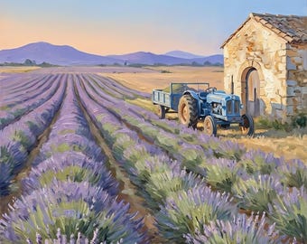 Quadro ad olio "Raccolta di lavanda in Provenza", decorazione murale in stile rustico Valensole per camera da letto, download digitale.