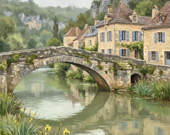 Quadro ad olio con ponte in pietra della Dordogna, decorazione murale in stile villaggio francese per camera da letto, download digitale