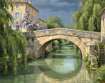 Quadro ad olio "Ponte in pietra della Provenza", decorazione murale per camera da letto in stile villaggio francese, download digitale.