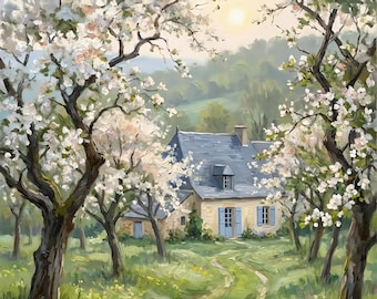 Quadro ad olio con dipinto di un frutteto in fiore della Dordogna, decorazione per camera da letto in stile rustico francese, download digitale.
