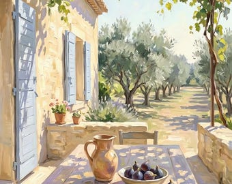 Dipinto ad olio raffigurante il patio di una casa colonica provenzale, ideale per decorare la camera da letto in un cottage del Luberon, download digitale.