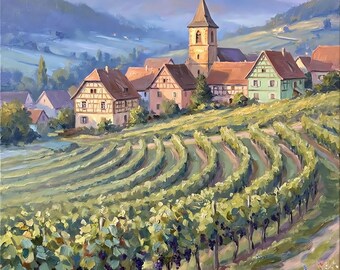 Alsace Vineyard Village Oil Painting Wall Art, French Countryside Bedroom Decor, Digital Download