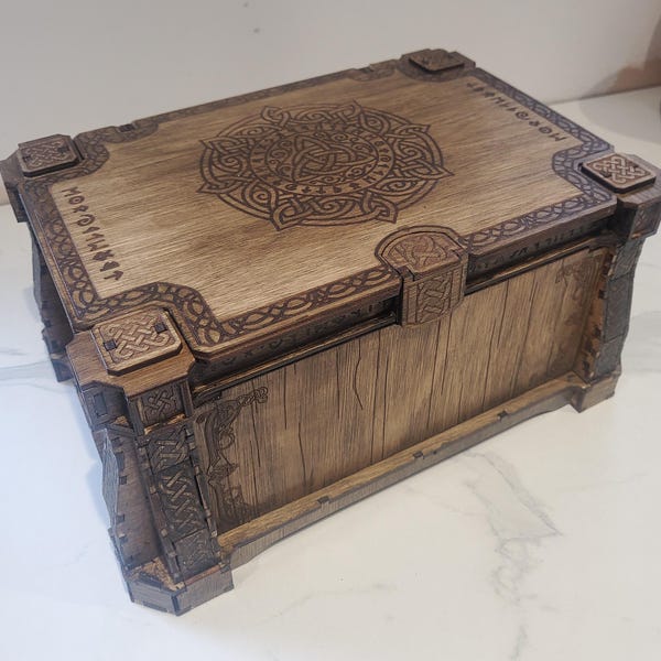 Large Norse Wooden Chest 32cm, Celtic Knotwork Keepsake Box, D&D Dice Storage, Gothic Treasure Box