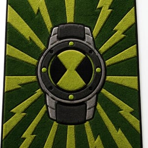 May include: A rectangular area rug featuring a central black and grey watch-like device with a green hourglass symbol. The background is a dark green field with radiating light green lightning bolt patterns extending from the centre to the edges.