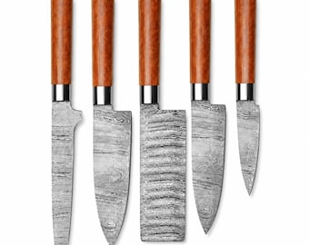 Juego de cuchillos de chef de Damasco hechos a mano, colección de 5 cuchillos de cocina japoneses con mangos de madera.