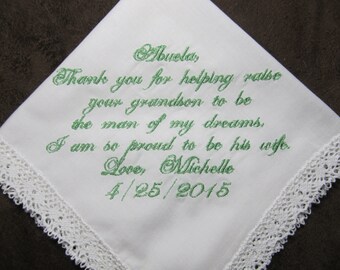 Grandmother of the Groom - Personalized Wedding Handkerchief With Free Gift Envelope - Shown with Light Green Writing