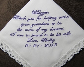 Grandmother of the Groom - Personalized Wedding Handkerchief With Free Gift Envelope - Shown with Purple Writing