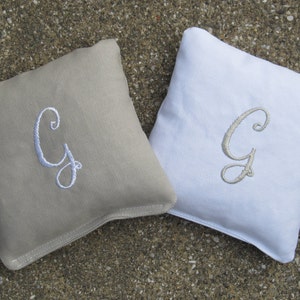 Personalized Cornhole Game Bags with your Initial - Set of 8 Shown in Light Grey and White - Great Wedding Gift