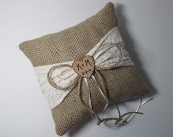 Personalized Rustic Burlap Wedding Ring Bearer Pillow With Ivory Muslin and Lace Sash