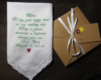 Mother of the Groom- Personalized Wedding Handkerchief With Free Gift Envelope - Shown with Light Green Script Writing & Red Heart