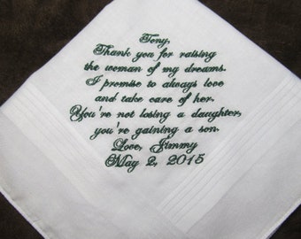 Father in Law of the Groom - Father of the Bride - Personalized Wedding Handkerchief With Free Gift Envelope - Shown with Dark Green Writing