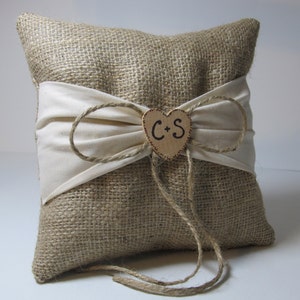 Personalized Rustic Ring Bearer Pillow Burlap With Ivory Sash image 2