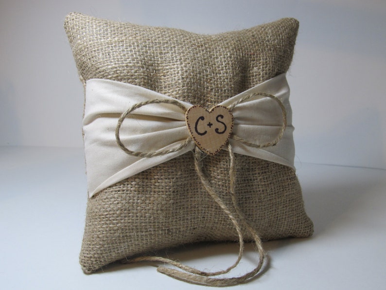 Personalized Rustic Ring Bearer Pillow Burlap With Ivory Sash image 2